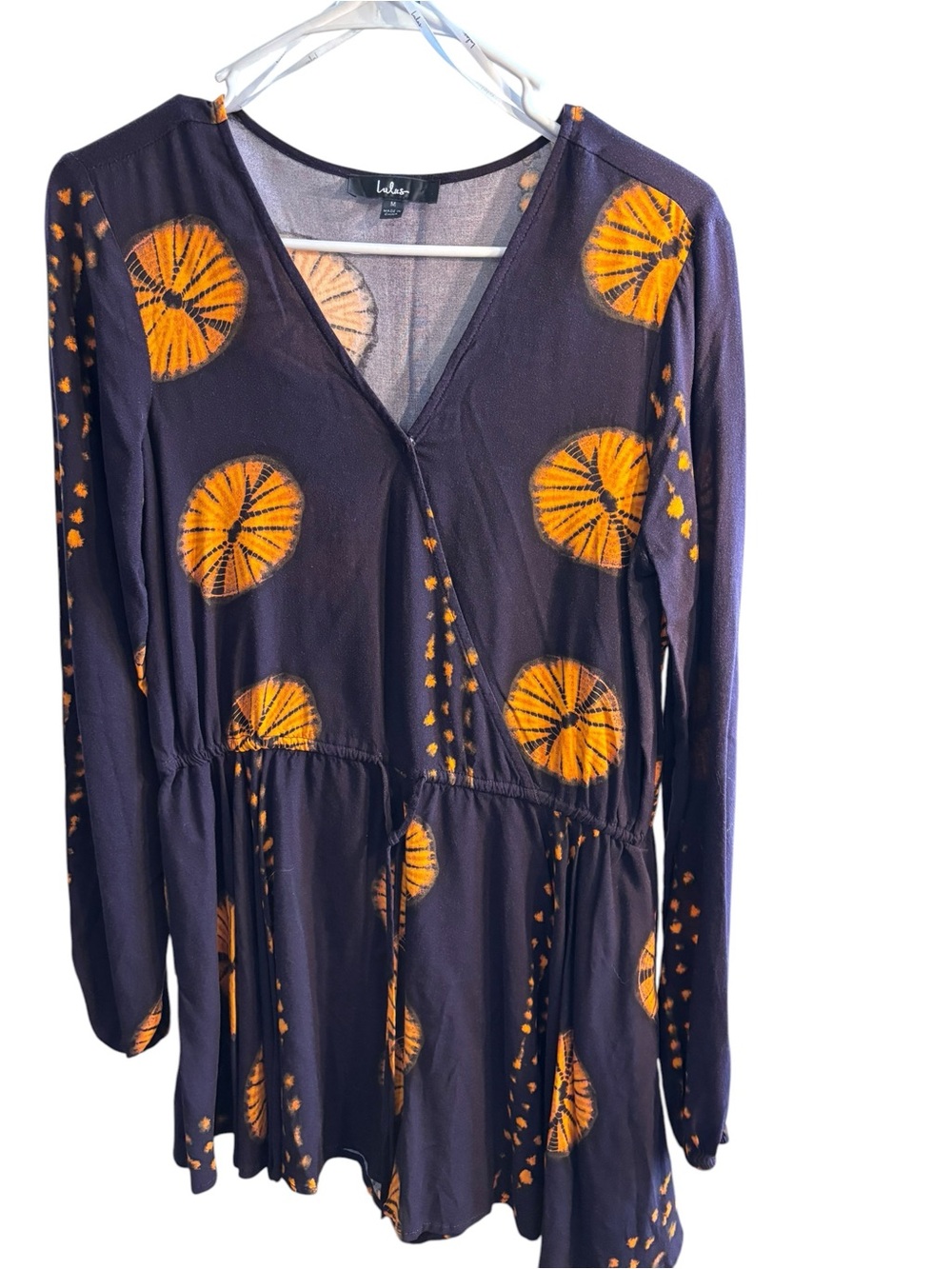 Lulu's Navy Long-Sleeve Printed Romper with Orange Sunburst Print